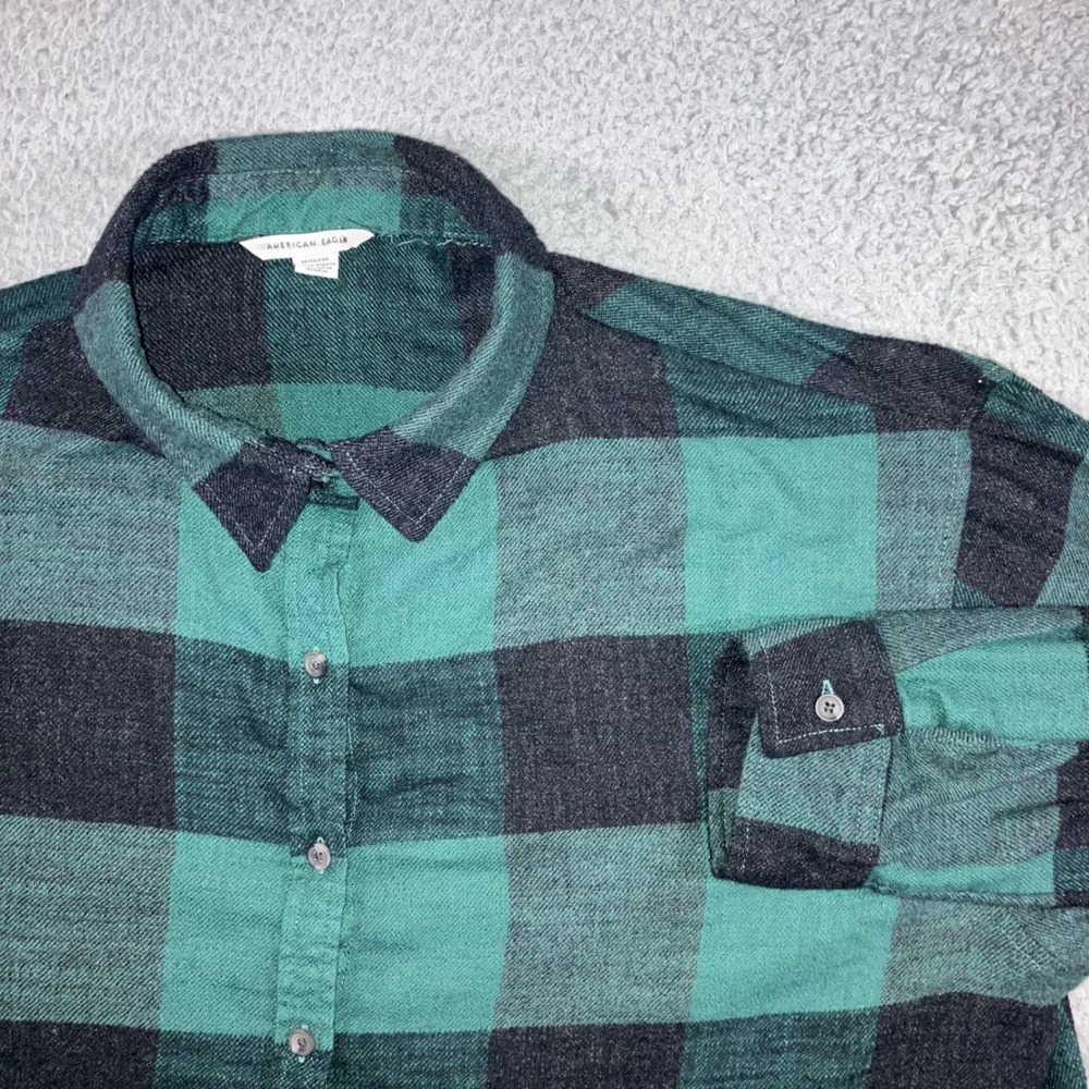 American Eagle Button Up Shirt Women XL Green Buffalo Plaid Peplum L/S Boho Chic
